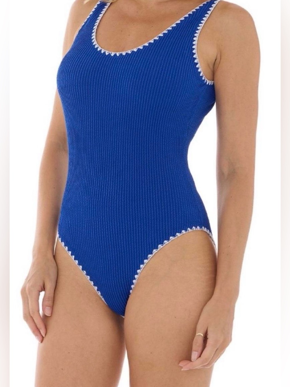 Betsey Johnson Royal Blue Ribbed One-Piece Swimsuit with White Trim